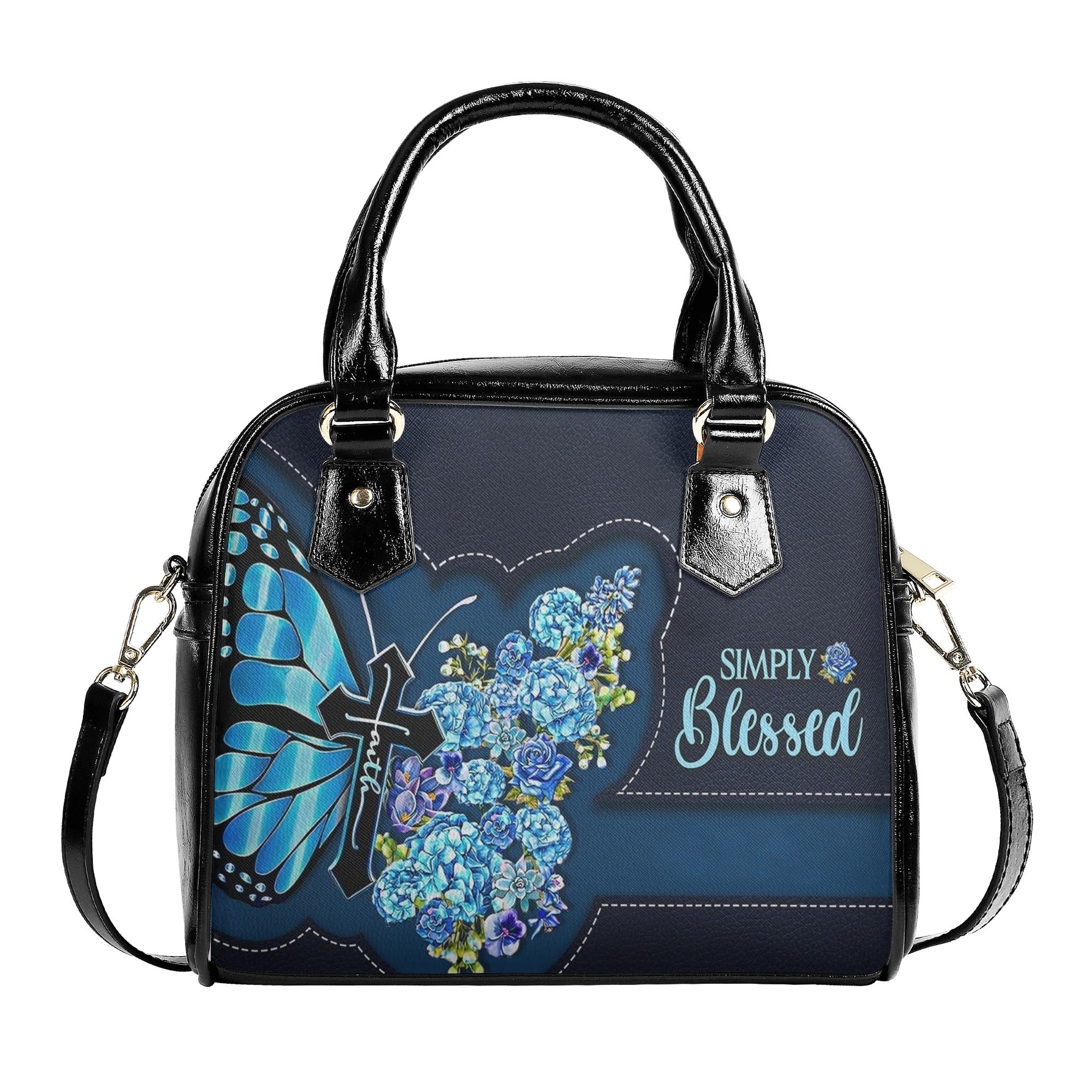 Simply Blessed Blue Butterfly Flower Leather Bag, Custom Name Bags, Jesus christian Bags. BLAF02